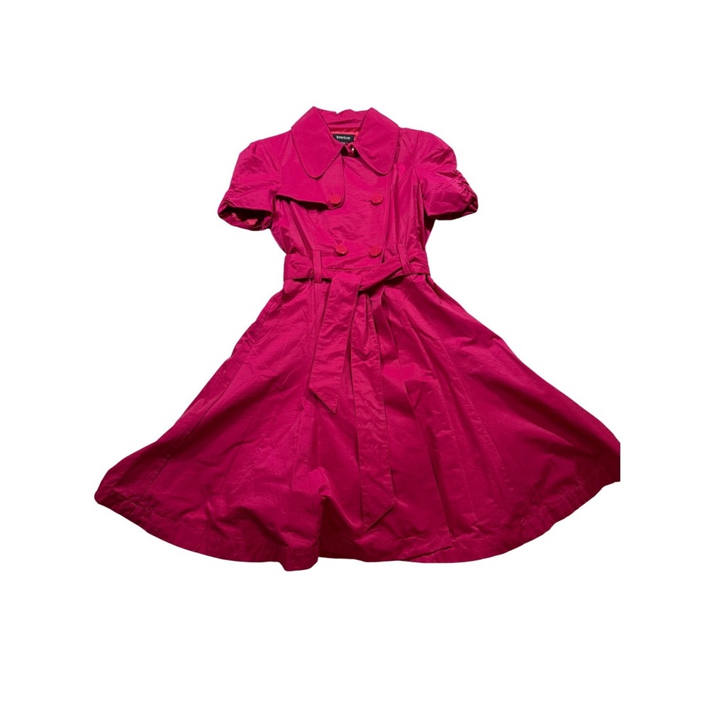 Vintage Bebe Ruby Long Trench Dress Academia Pink Belted Quiet Luxury S